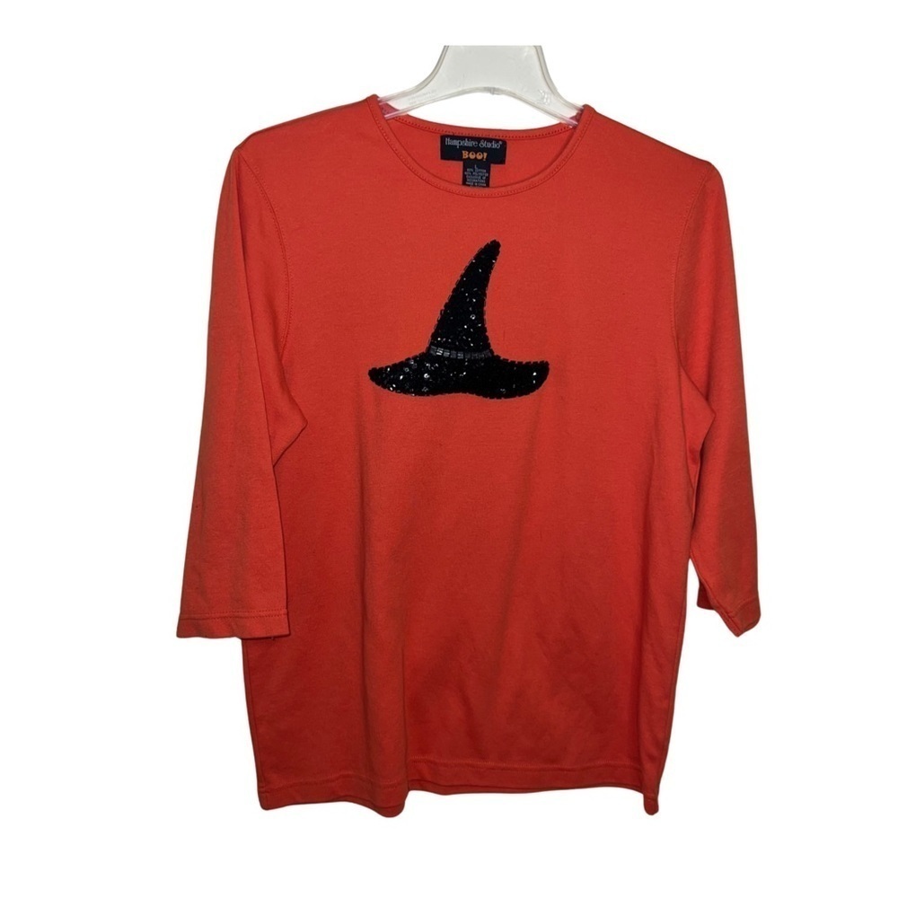 Hampshire Studio BOO Orange Halloween Shirt with Sequined Witch Hat Size Large
